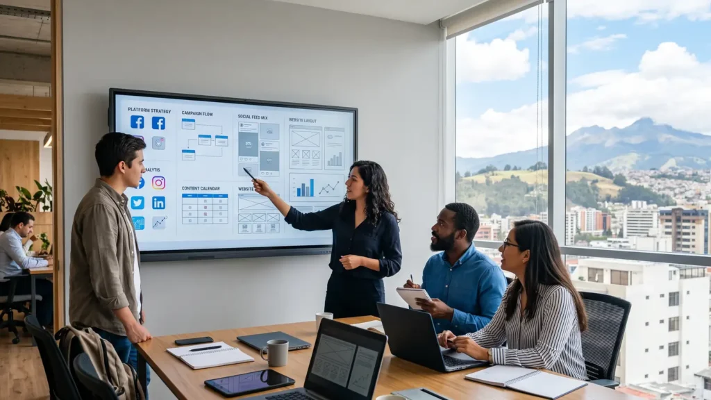 Equipo de una agencia de comunicación digital en Ecuador planificando estrategia de marca