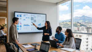 Equipo de una agencia de comunicación digital en Ecuador planificando estrategia de marca